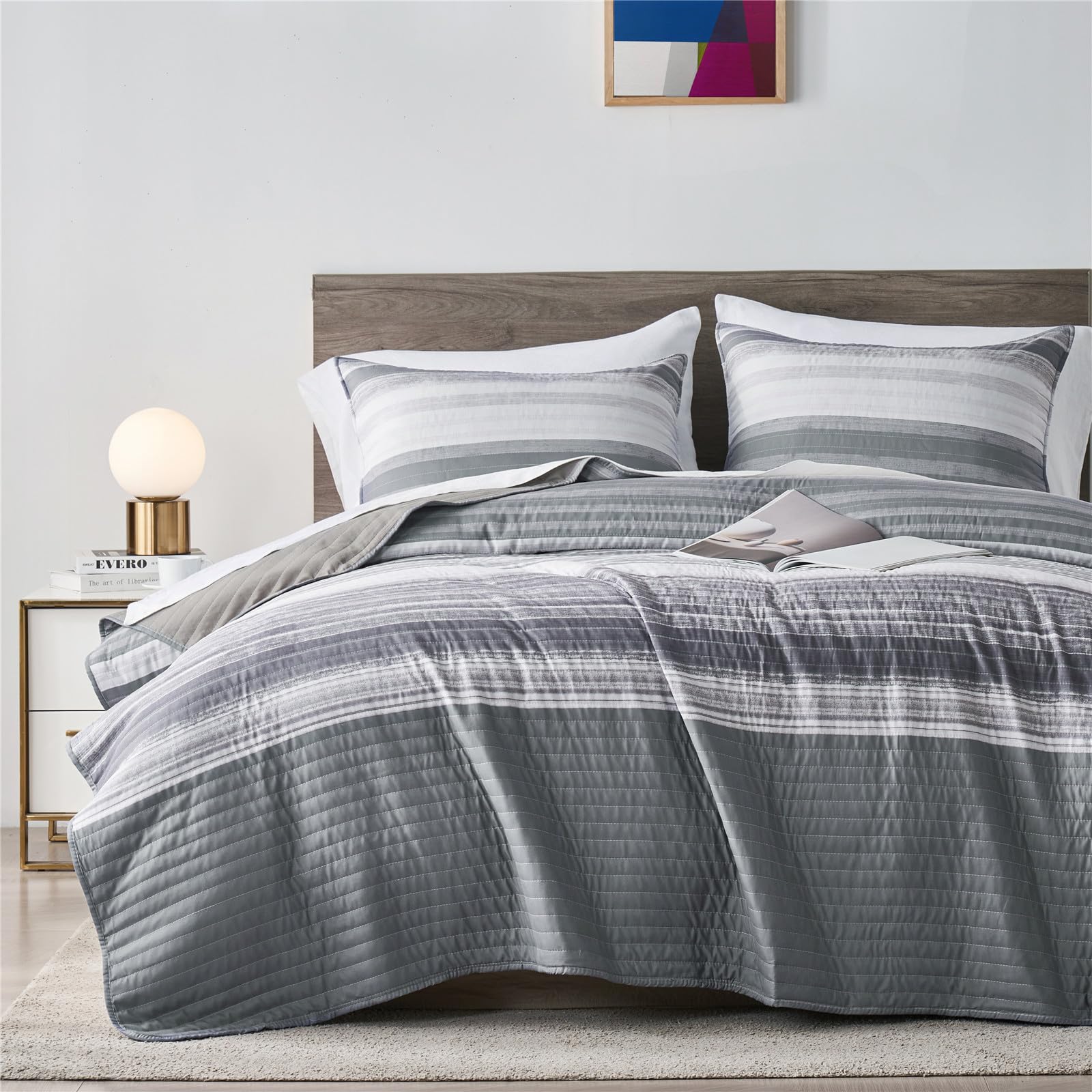 Kakijumn Full/Queen Quilt Bedding Set, White And Grey Patchwork Striped Quilt Set, 2 Pieces Soft Lightweight Bedspread Coverlet